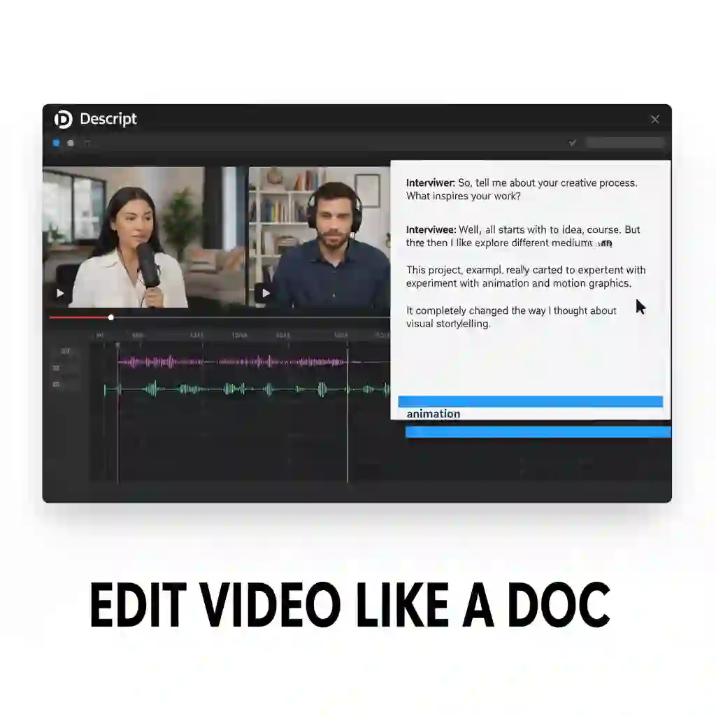 Descript interface demonstrating text-based editing that helps teams translate subtitles with ai, improve transcript accuracy, and streamline podcasts, interviews, and long-form video localization workflows.