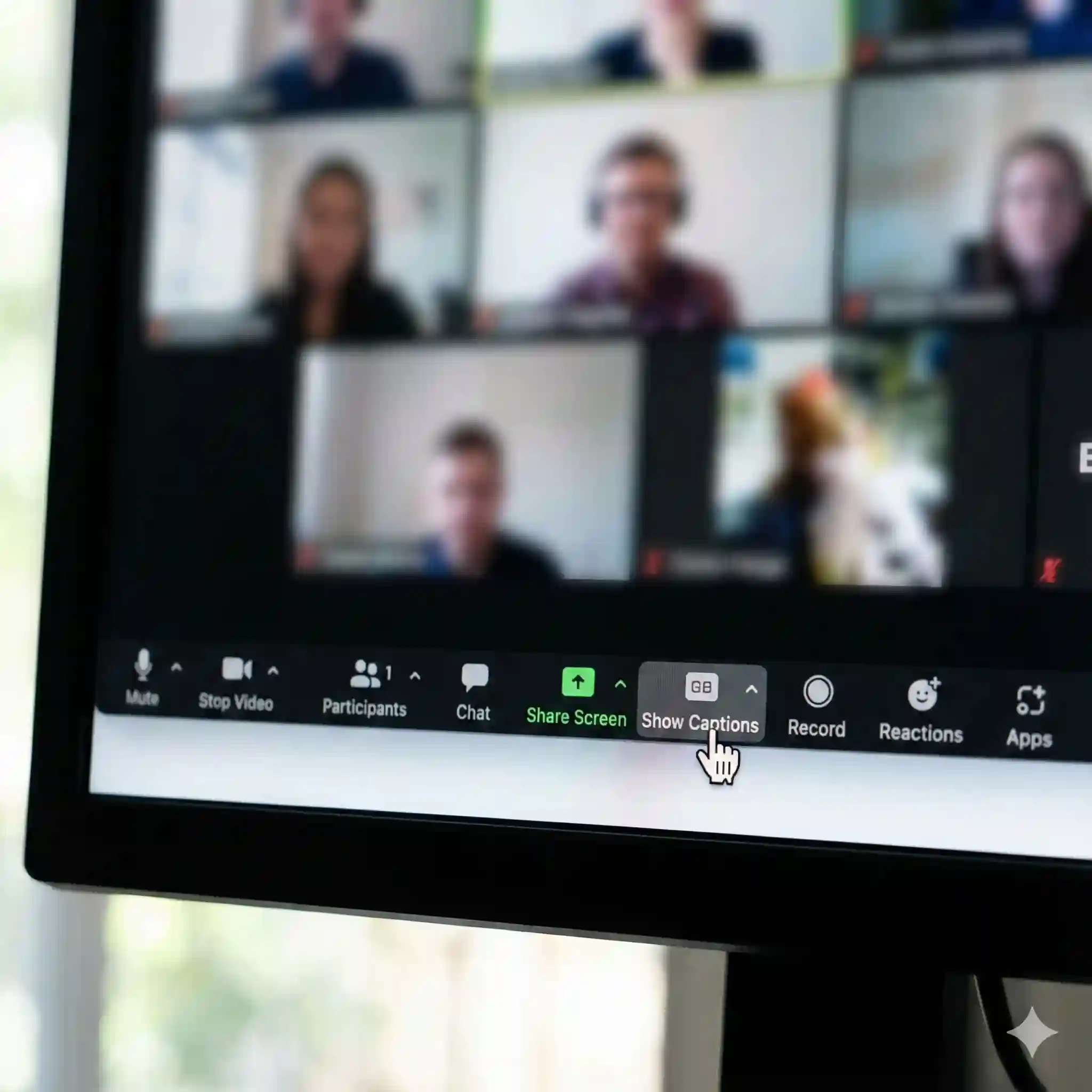Zoom meeting toolbar showing host actions to start captions and configure spoken language, demonstrating steps to activate zoom subtitles translation for all participants.