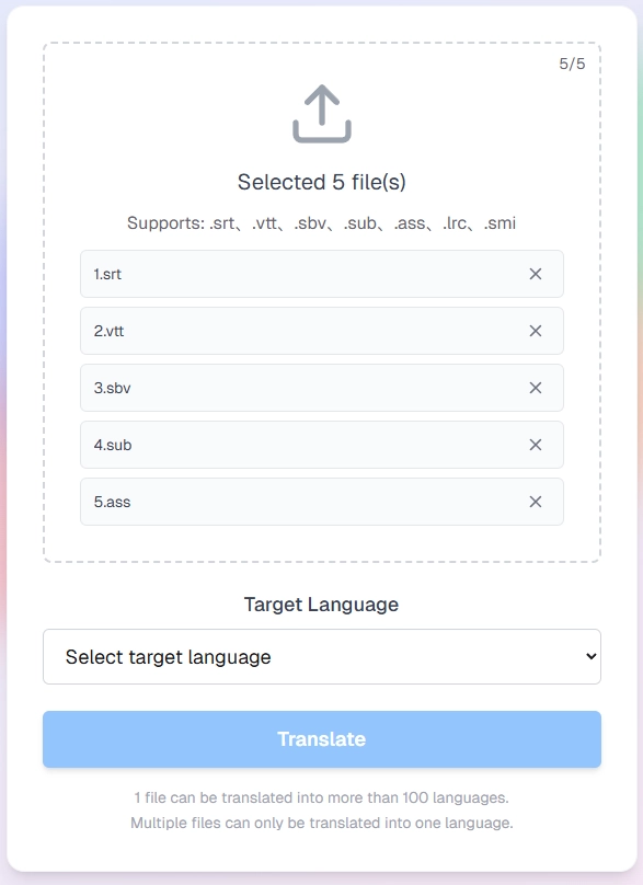 Interface screenshot of language selection used in ai subtitle translation workflows, displaying target languages, file upload controls, and intuitive options for batch processing multiple subtitle files efficiently.