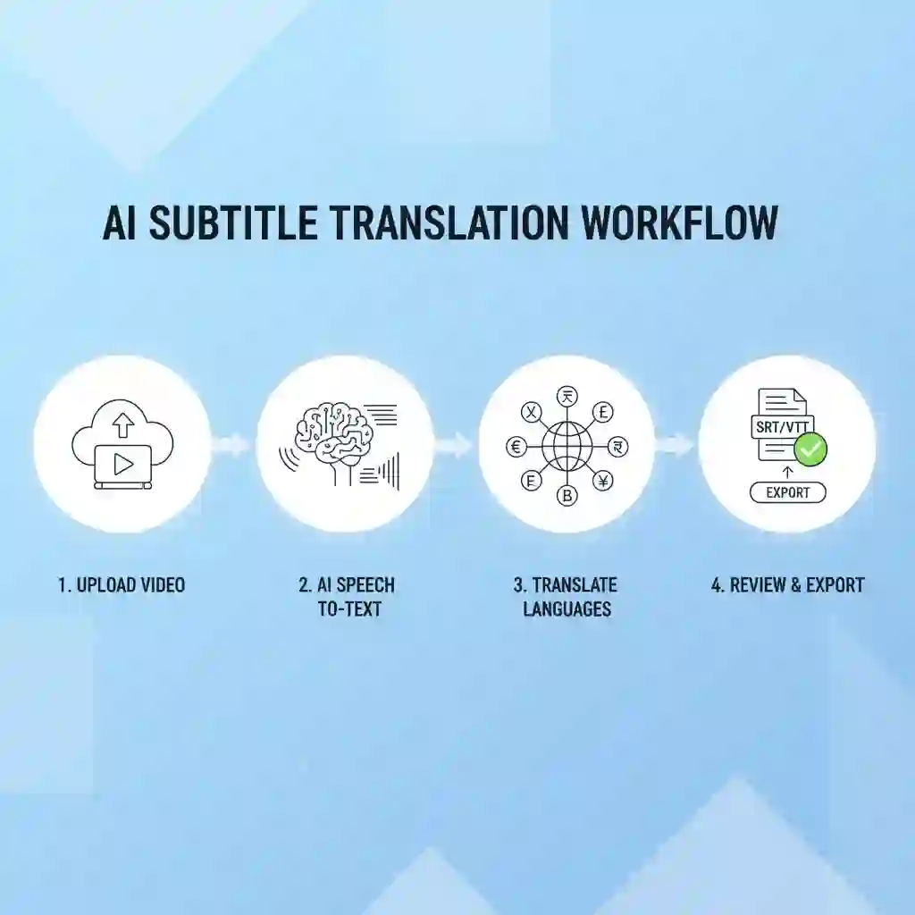 Process diagram illustrating the workflow for ai auto translate subtitles, from speech recognition to translation, editing, and export, visualizing each automated step that converts spoken audio into accurate, time-synced multilingual captions.