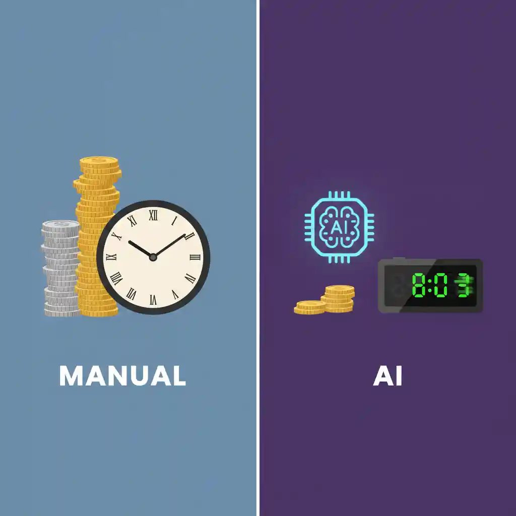 Comparison graphic demonstrating how ai auto translate subtitles saves over ninety percent of time and budget versus manual workflows, emphasizing automation, efficiency, and scalable translation for creators handling many videos or long content.