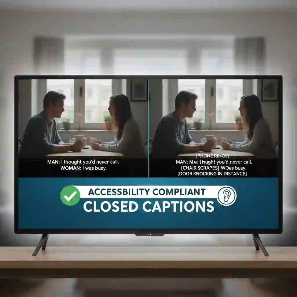 Closed captioning compliance within subtitling translation services featuring non-speech cues like APPLAUSE and PHONE RINGS, meeting accessibility regulations such as FCC standards and supporting inclusive viewing experiences for deaf and hard-of-hearing audiences.