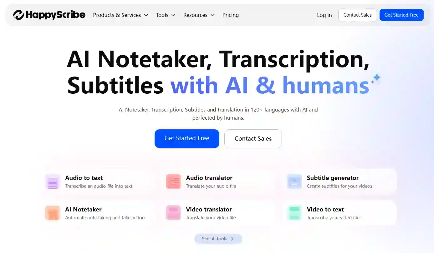 Happy Scribe platform interface integrating automated transcription and translation, demonstrating an end-to-end workflow that pairs well with subtitling translation services for professional polishing, timing adjustments, and enhanced accuracy.