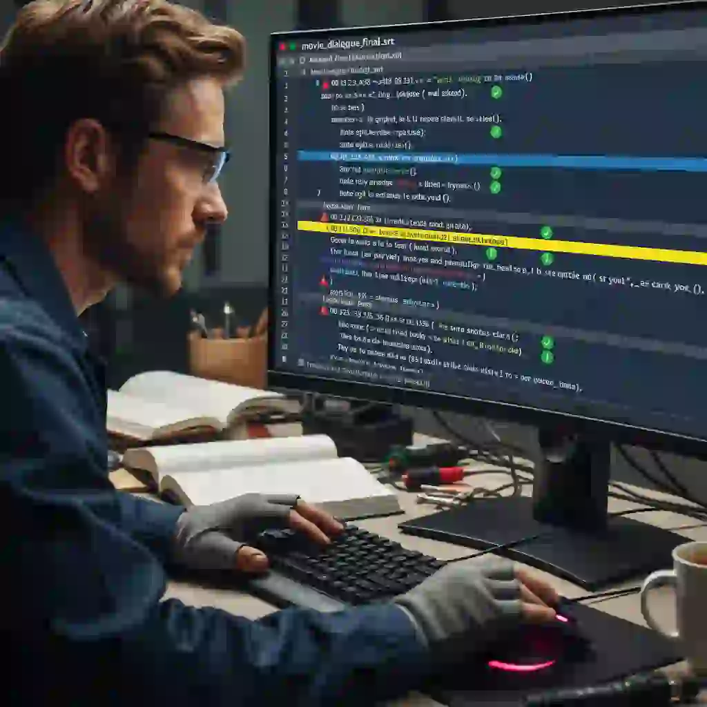 Computer screen displaying encoding and format settings for subtitle files, illustrating technical checks that ensure translation and subtitling deliver correctly across players through UTF-8, timecodes, and clean tags.
