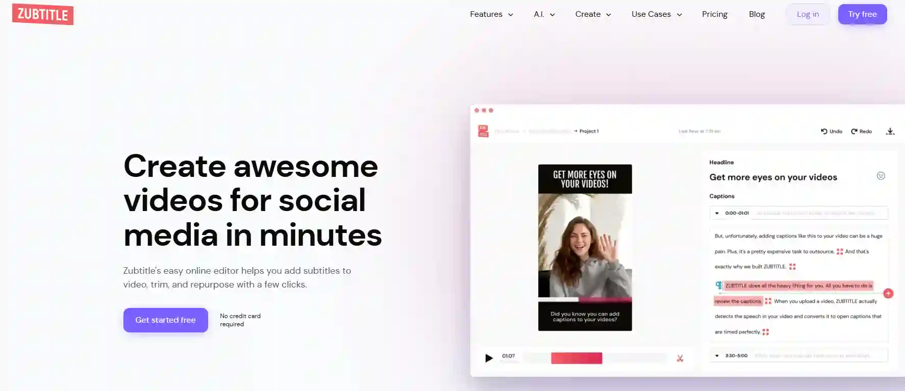 Zubtitle interface showcasing social media caption styles.