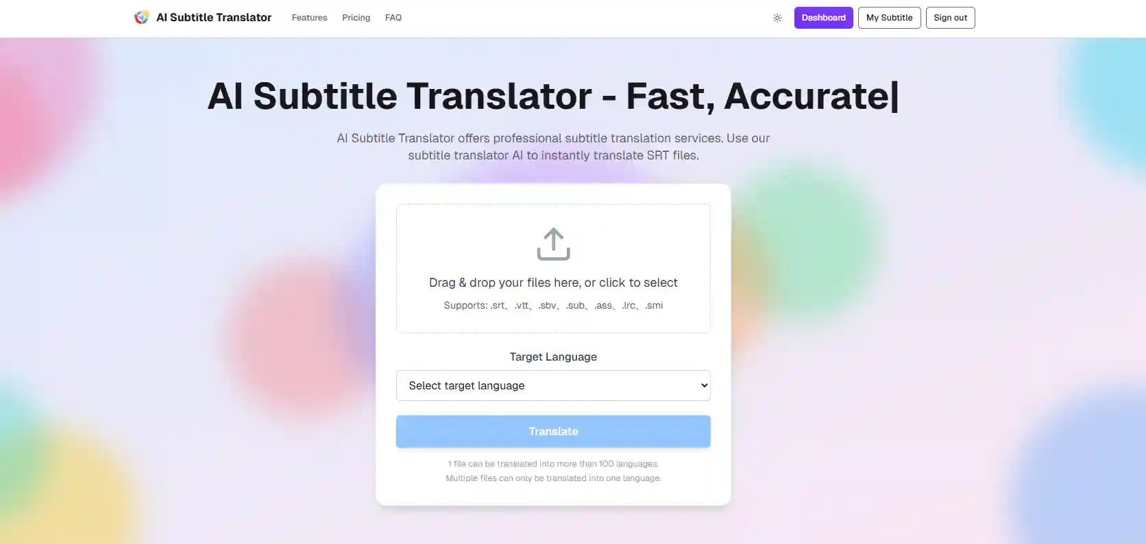 Interface of AI Subtitle Translator showing file upload.
