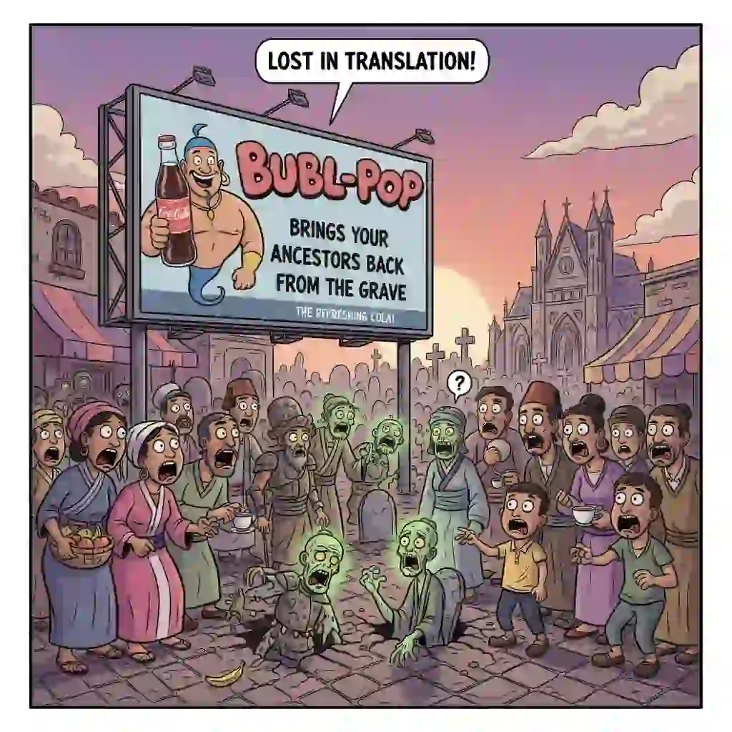 Conceptual image of a confused audience reacting to a misguided slogan, demonstrating risks when translation and subtitling ignore culture, leading to misinterpretation, reputational damage, and failed global communication.