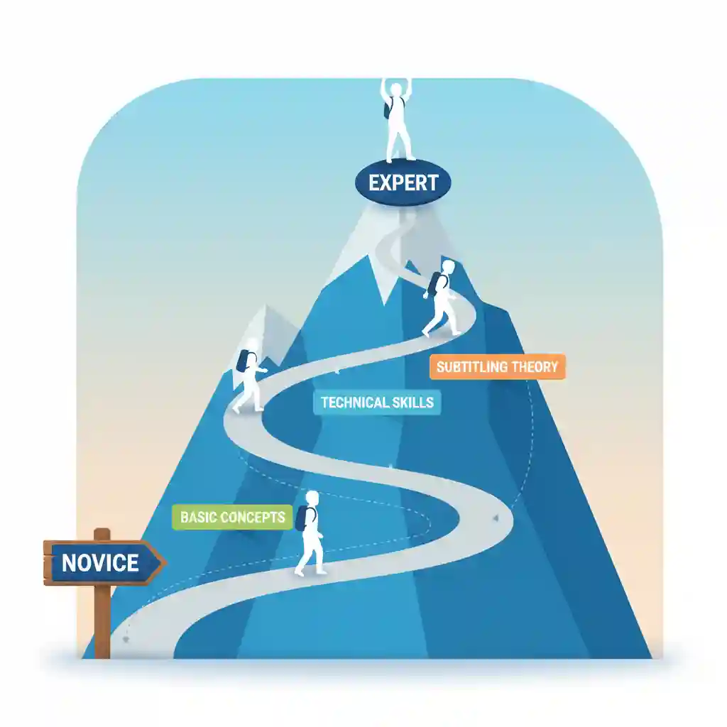 Diagram illustrating a career roadmap in audiovisual translation subtitling, moving from foundational knowledge to advanced timing control, semiotics, and tool proficiency for delivering consistent, broadcast-grade multilingual subtitles.