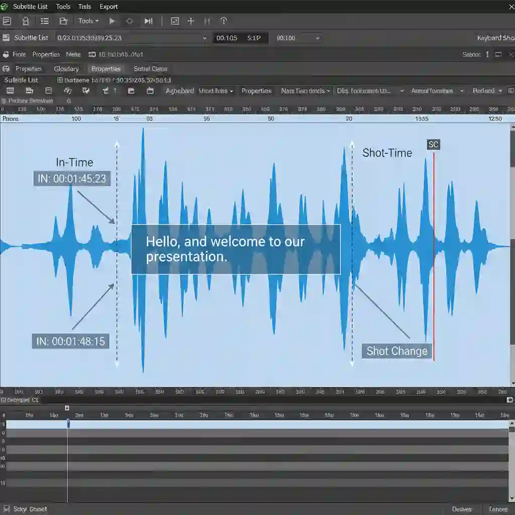 Timeline illustrating the art of spotting in audiovisual translation subtitling, aligning subtitle in-times and out-times within strict frame tolerances while respecting shot changes to preserve fluid audience comprehension.
