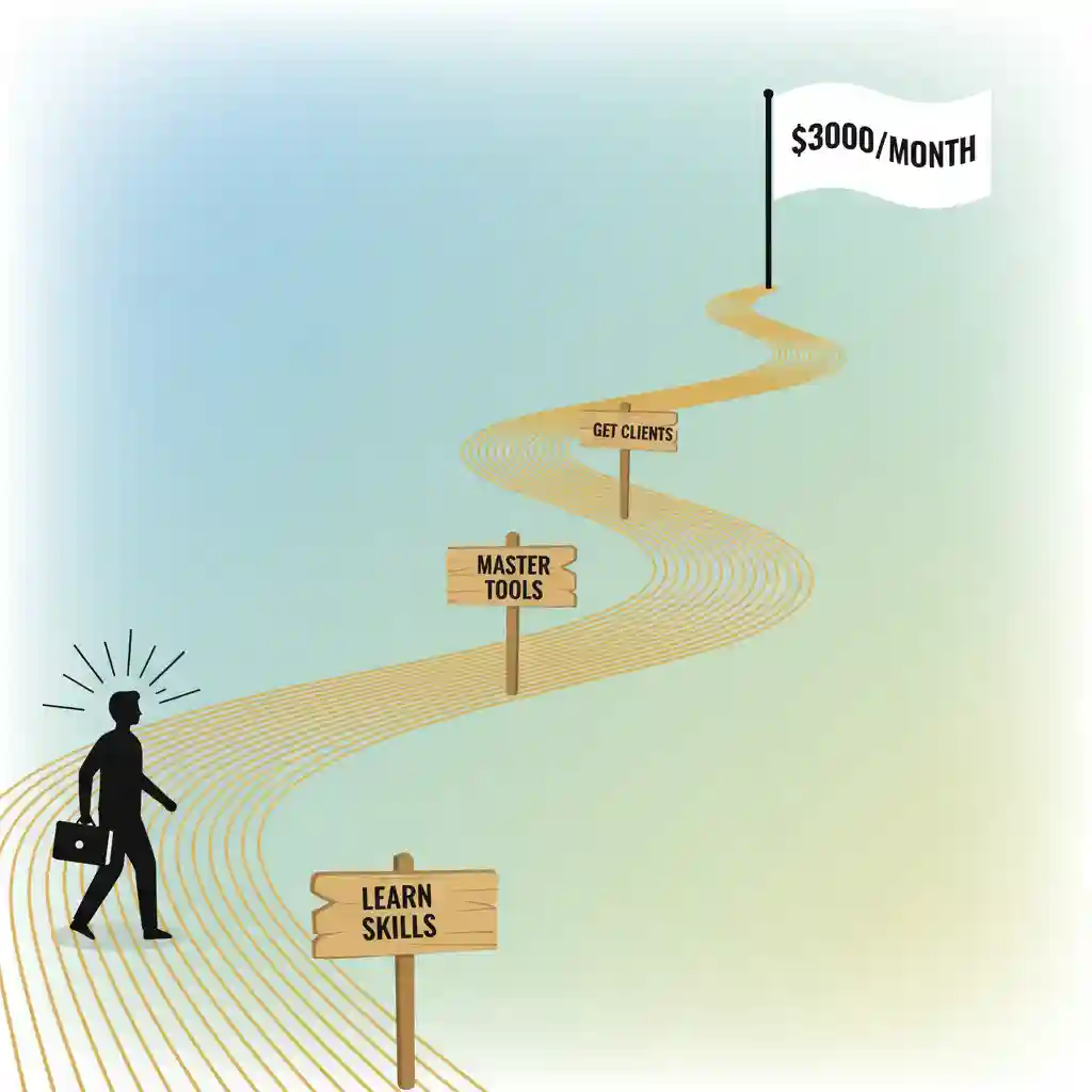 A visual roadmap guiding a freelancer toward a successful subtitle translator job, highlighting skills, tools, outreach, pricing strategy, and growth from beginner projects to high-value video localization contracts.
