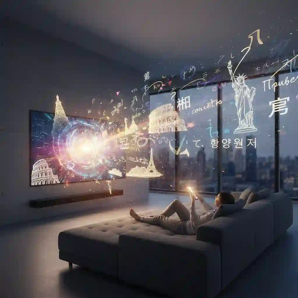 Person practicing language learning using a netflix subtitle translator, reading bilingual captions, comparing vocabulary and sentence structure in context, with supportive tools for translation accuracy, customization, and improved retention during streaming sessions.