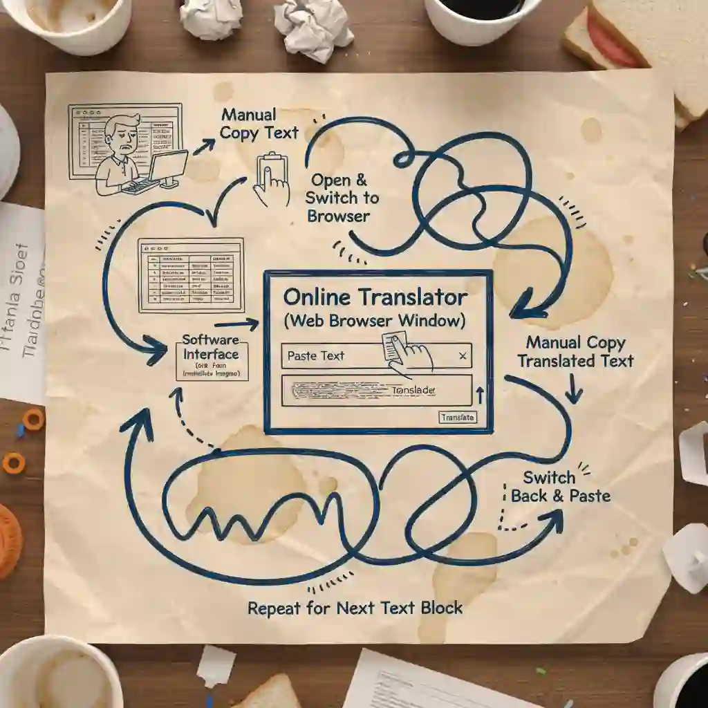 Frustrated user stuck in manual copy-pasting between tools, illustrating inefficiencies solved by a free ai subtitle translator that automates accurate caption translation end-to-end.