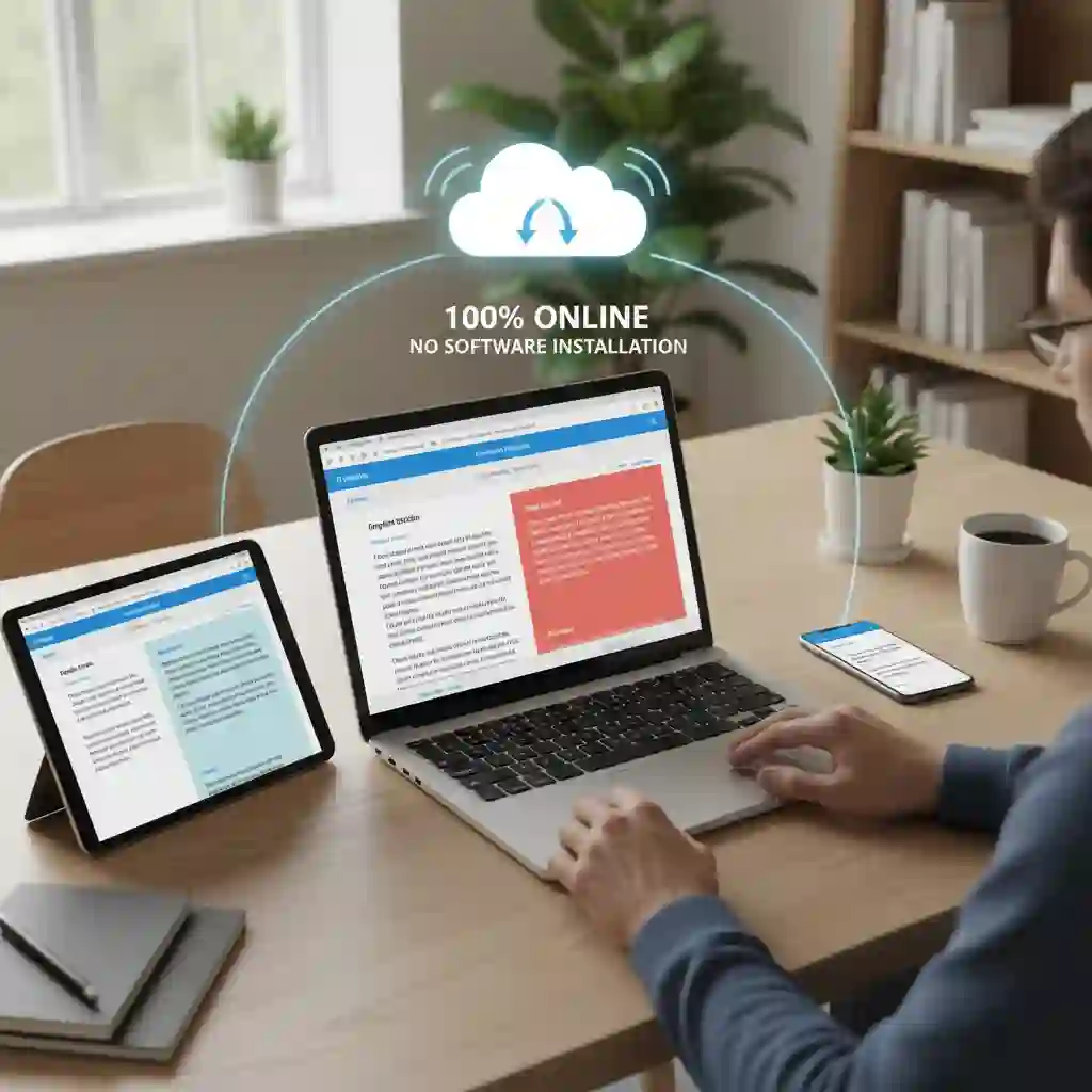 Cloud-based access across laptop, tablet, and phone illustrates how a free ai subtitle translator runs online without installs, enabling fast translation anywhere.