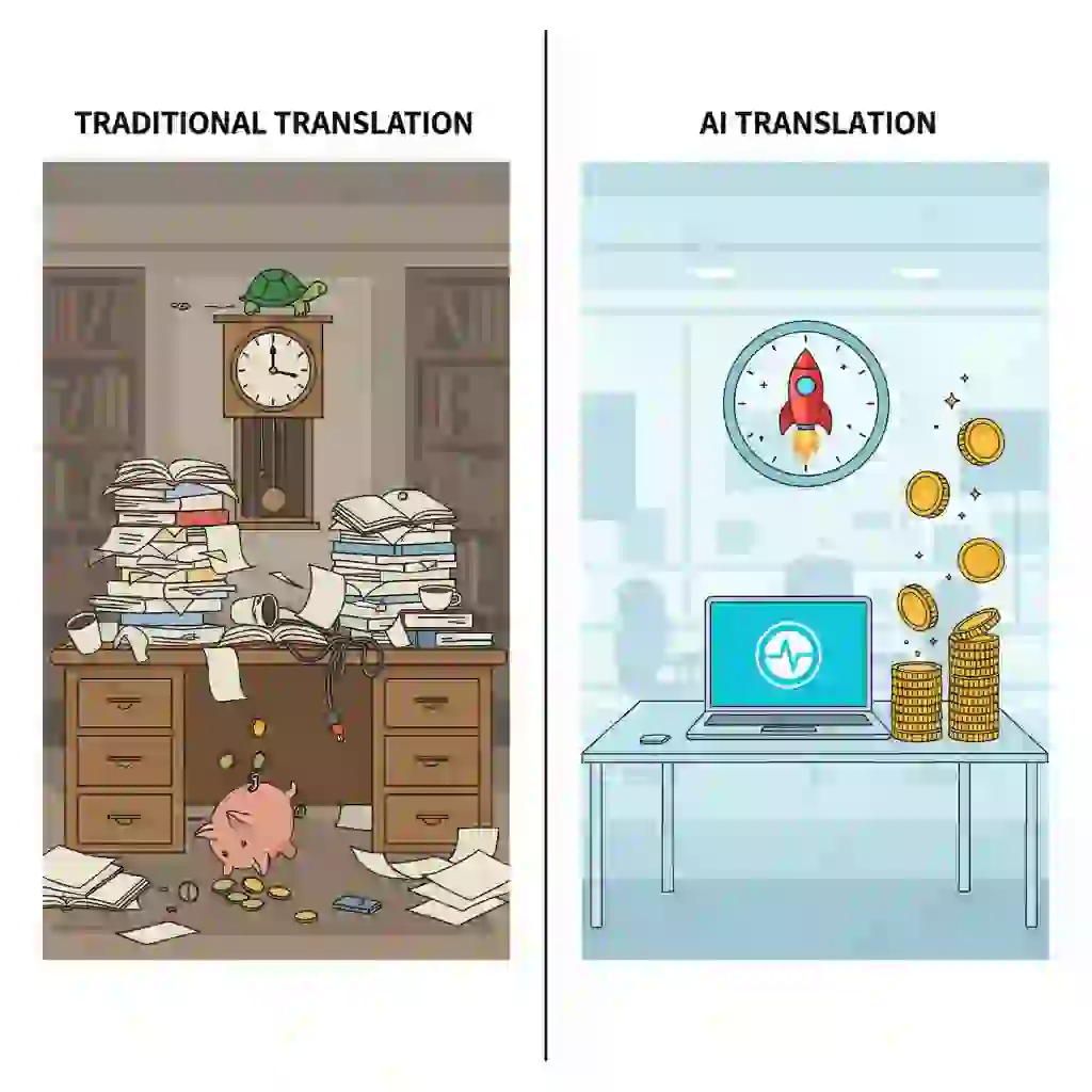 Side-by-side comparison of cost and time between manual workflows and automation showing why you should translate video subtitles ai to save budget, accelerate delivery, reduce errors, and scale multilingual caption production efficiently.