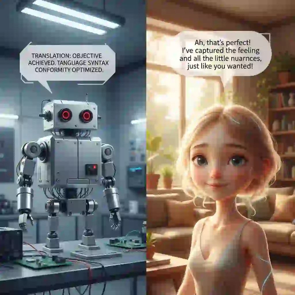 Side-by-side comparison of robotic versus human-like results highlighting contextual quality required to translate video subtitles ai effectively, preserving tone, slang, and nuance for natural captions audiences trust across languages.