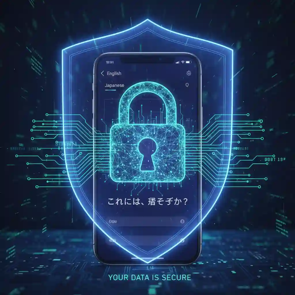 A security shield icon overlaid on a smartphone, representing the importance of data privacy when choosing apps to translate subtitle srt files and ensuring your content remains secure.