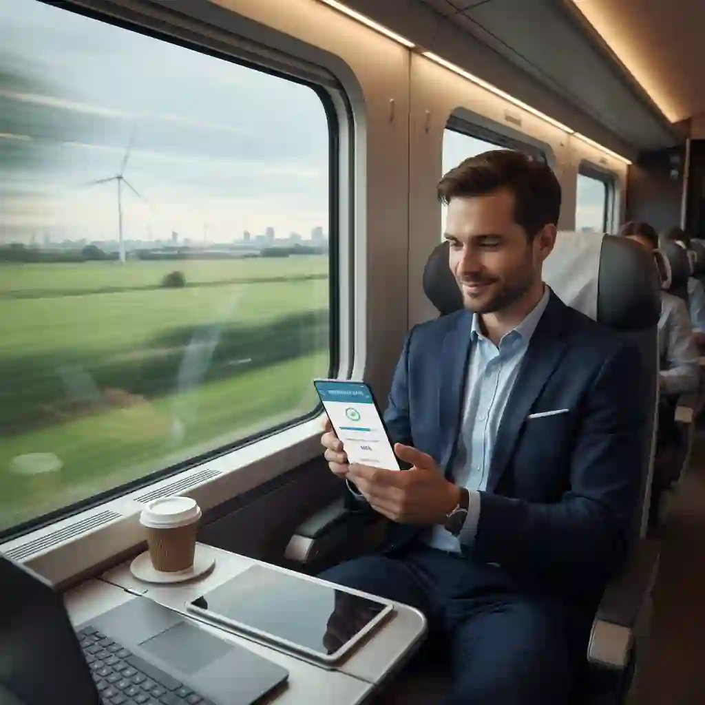A busy commuter on a train using a mobile app to quickly translate subtitle srt files, showing the convenience of handling video translation tasks while on the go without a laptop.