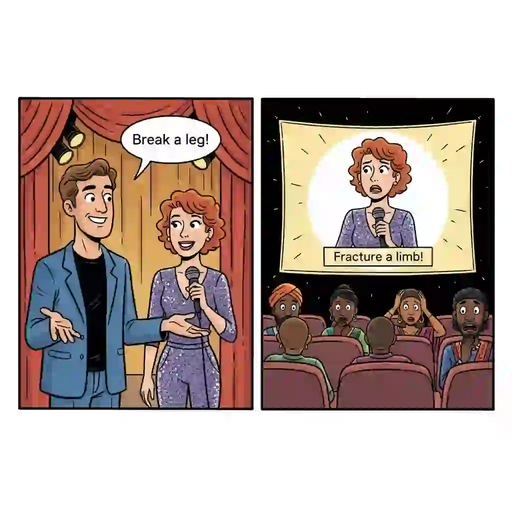 Example demonstrating mistranslation of idioms when translating subtitles, where 'Break a leg' becomes a harmful literal phrase, undermining credibility, confusing viewers, and damaging brand trust in international markets.