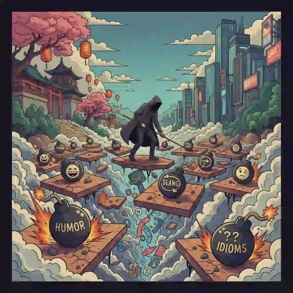 Graphic highlighting humor and slang pitfalls when translating subtitles, explaining why transcreation beats direct word substitution, protects intent, preserves tone, and avoids confusion across languages and cultures.