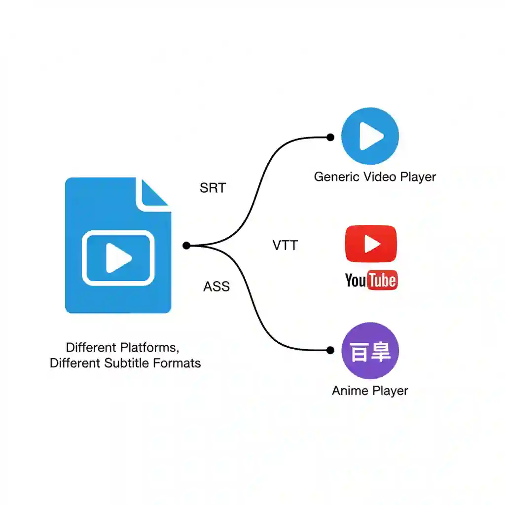 Comparison graphic of SRT, VTT, and ASS formats used in translation and subtitling services, explaining compatibility, styling capabilities, platform preferences, and risks of incorrect delivery causing captions to fail or display poorly.