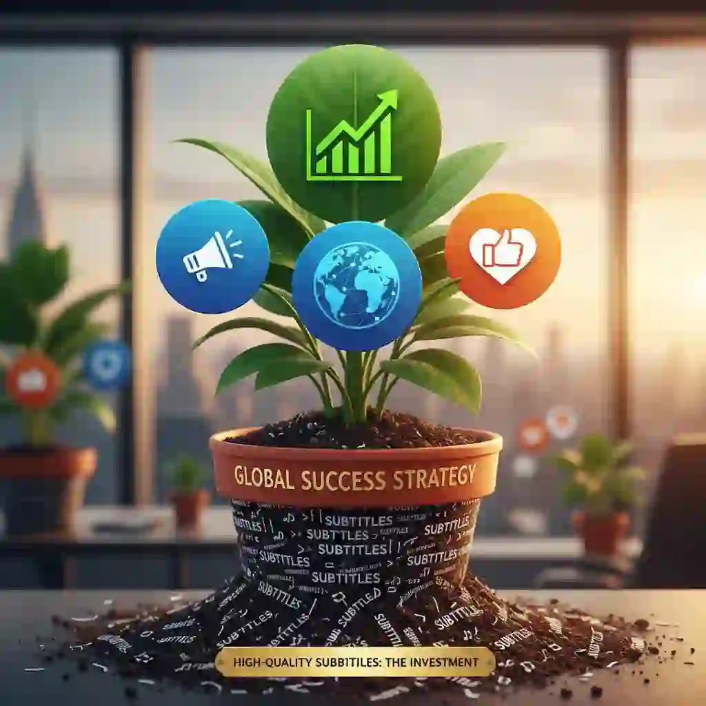 Finance-themed visual reframing high-quality subtitles within translation and subtitling services as an investment, boosting engagement, retention, global reach, and brand trust across platforms and audiences.