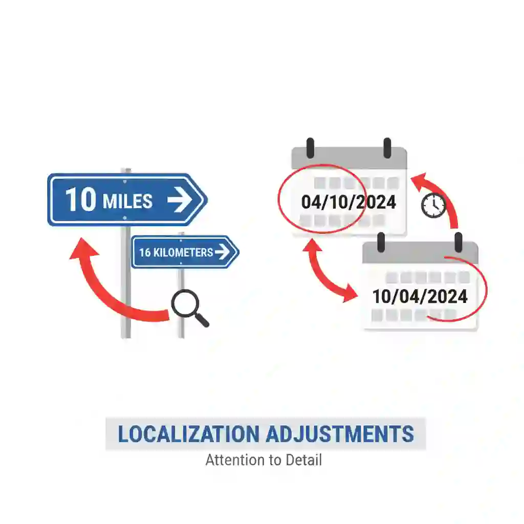 Detailed example of adapting content for translation and subtitling services, converting units, dates, and style conventions to local standards, ensuring clarity, consistency, and readability for viewers while preserving intent and brand voice.