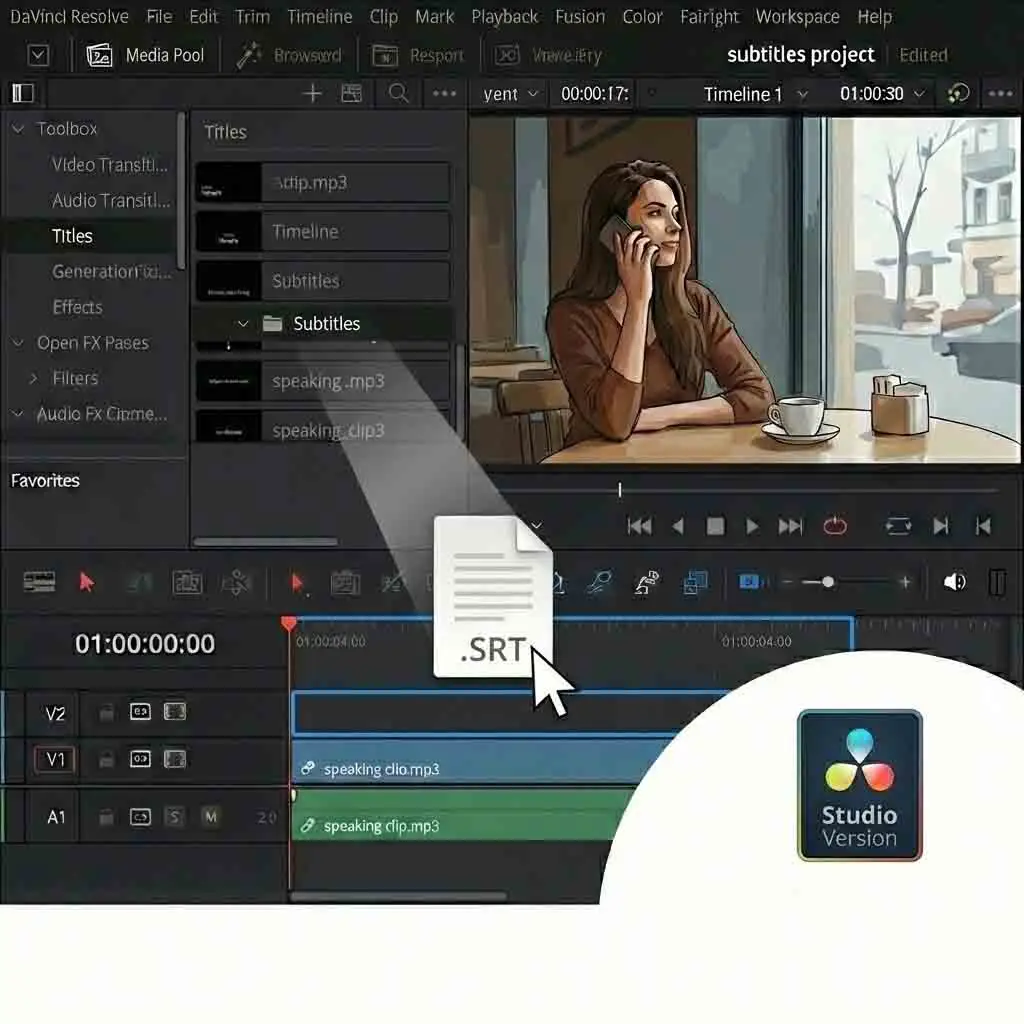 The DaVinci Resolve interface showing the Media Pool where you simply drag and drop your generated SRT file to begin the process of adding davinci resolve subtitles to your current video project assets.