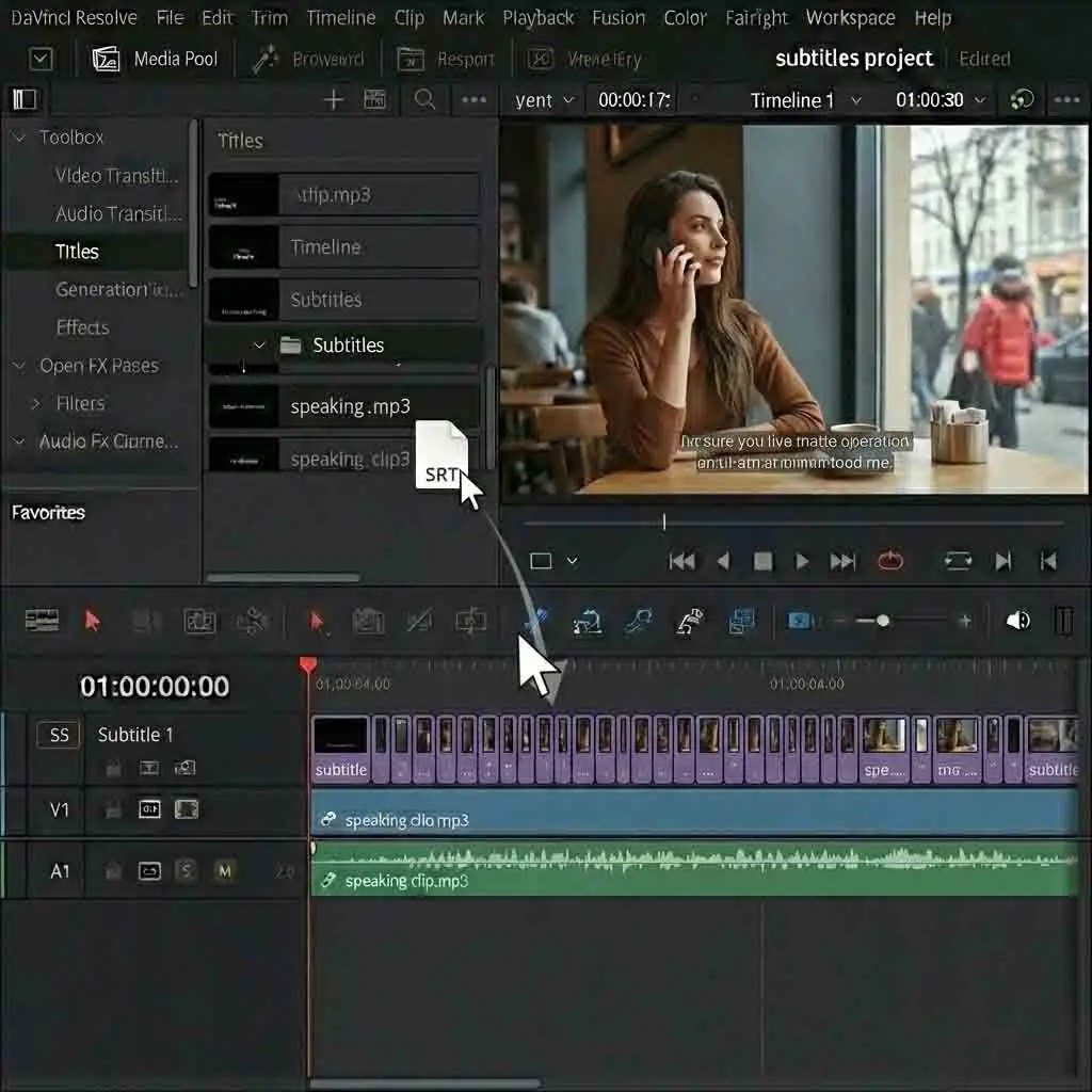 The final step of the import process showing an SRT file being dragged from the Media Pool onto the new subtitle track, instantly syncing all davinci resolve subtitles with the video timeline for immediate playback.