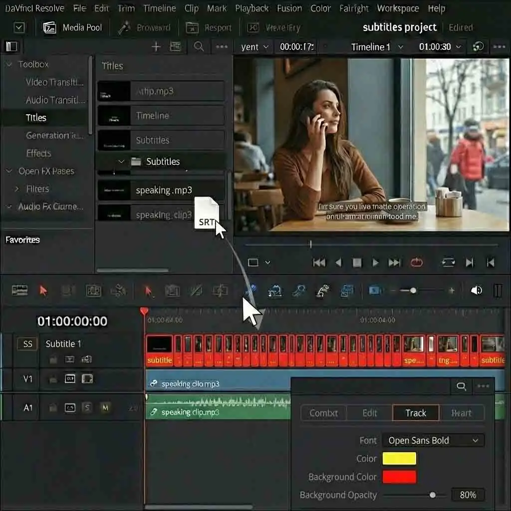 The Inspector window in DaVinci Resolve displaying the Track tab, where you can apply bulk styling changes such as font, size, and color to all davinci resolve subtitles on the track simultaneously for consistent design.