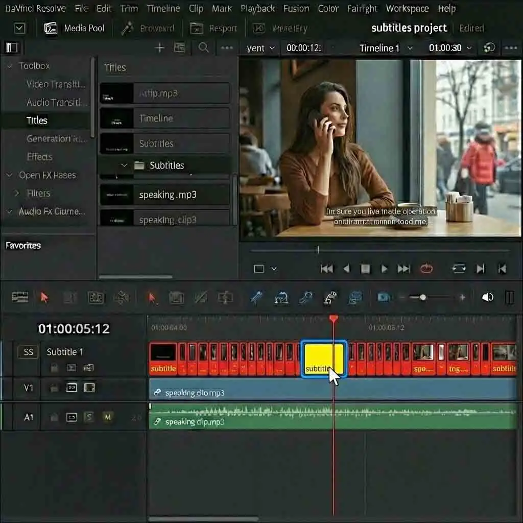 A close-up view of the DaVinci Resolve timeline showing a specific, individual subtitle clip selected for editing, allowing for precise adjustments to davinci resolve subtitles that may need unique timing or text corrections.