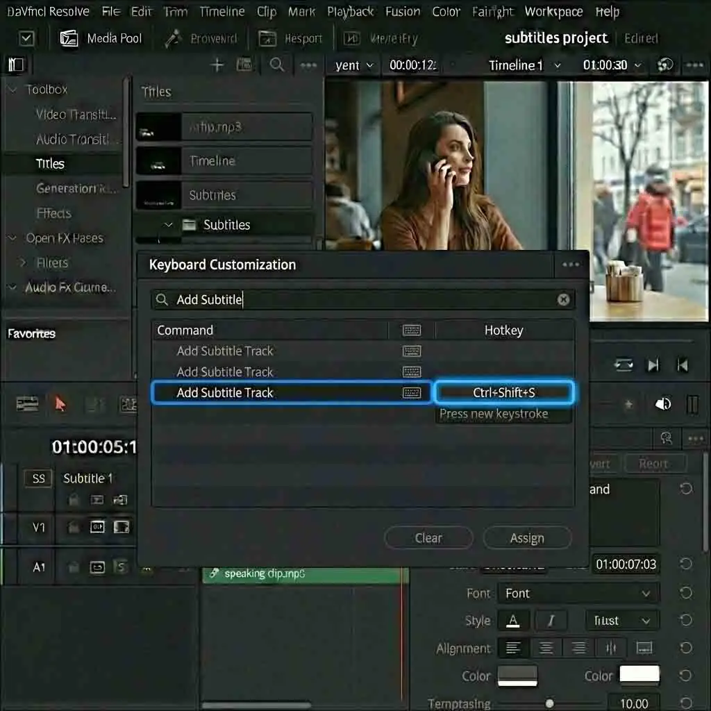 The Keyboard Customization window in DaVinci Resolve showing how to set personal hotkeys for commands like Add Subtitle, speeding up the process of manual adjustments and creating a more efficient davinci resolve subtitles workflow.