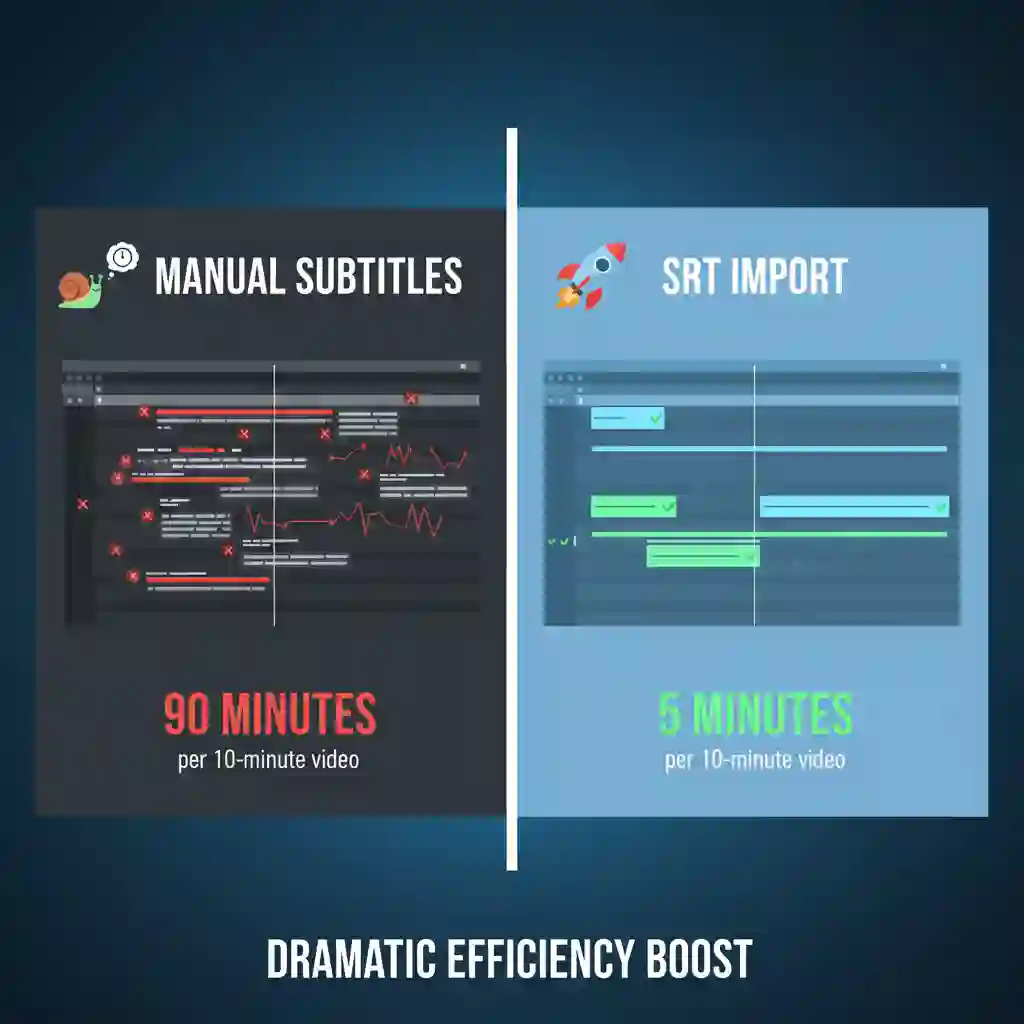 A visual representation of the streamlined workflow for davinci resolve subtitles, demonstrating how mastering the SRT import technique transforms a multi-hour captioning task into a simple, three-minute process that saves valuable time for video editors.