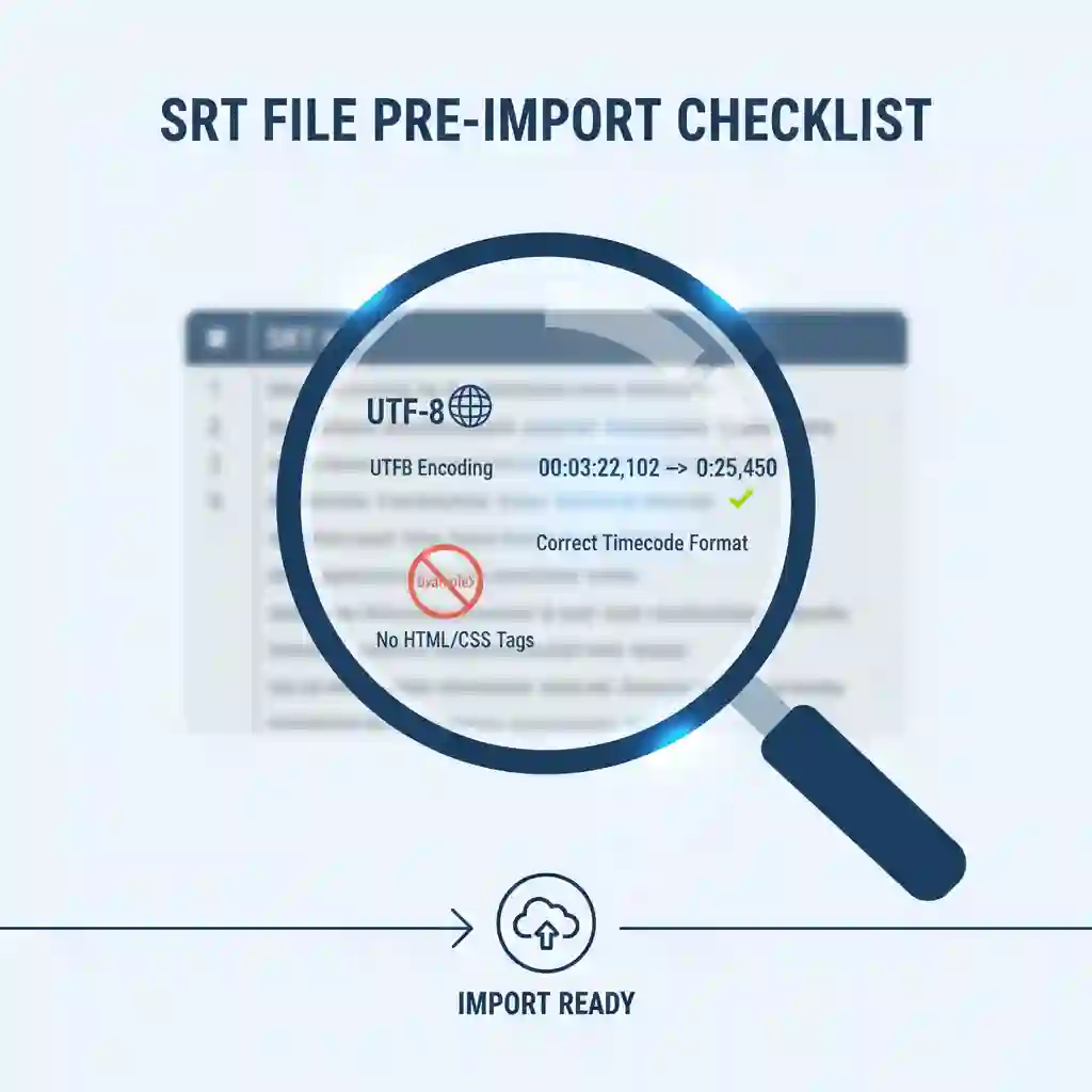 A pre-import checklist for davinci resolve subtitles ensuring SRT files use UTF-8 standard encoding to prevent garbled text and verify the correct timecode format of hours, minutes, seconds, and milliseconds for seamless integration into the timeline.