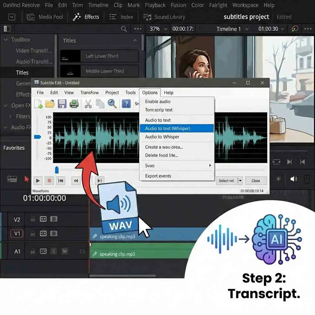 The interface of Subtitle Edit software showing the Audio to text Whisper feature, which uses AI technology to automatically transcribe audio and generate precise timestamps for your davinci resolve subtitles in just a few minutes.