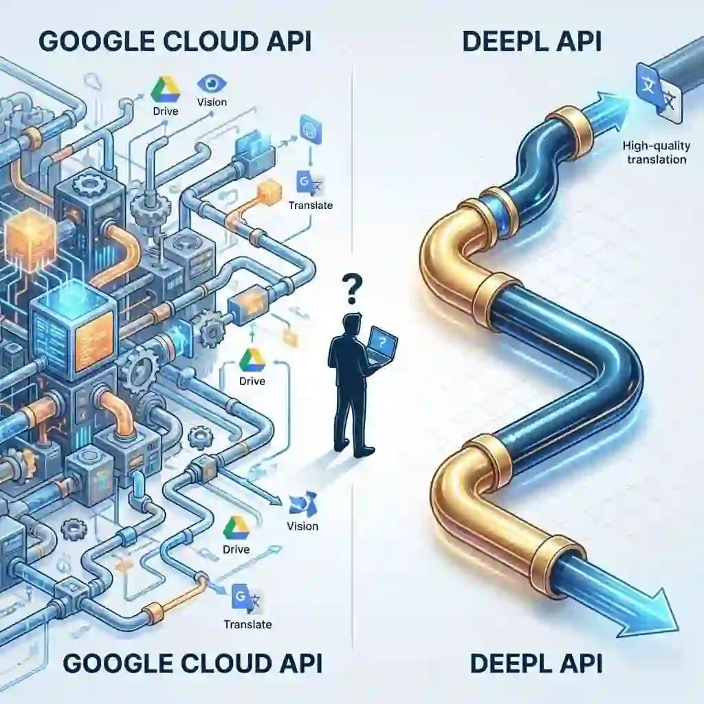 A detailed comparison chart showing the API integration options for developers, contrasting pricing models and language support features essential for businesses evaluating the deepl vs google translate api solutions.