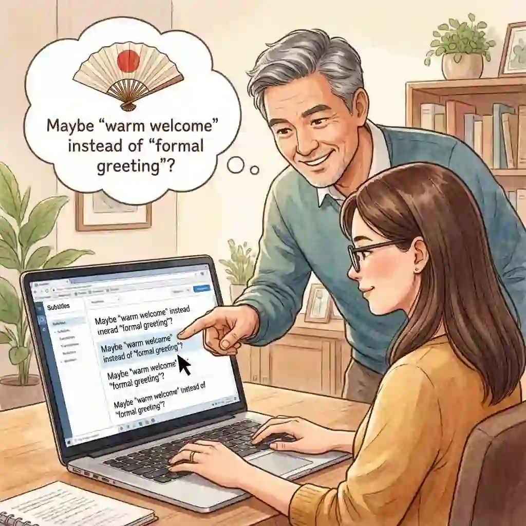 Proofreading stage features a native reviewer refining subtitling translation for natural flow, idiomatic clarity, and consistent terminology, ensuring captions read smoothly and respect audience expectations.