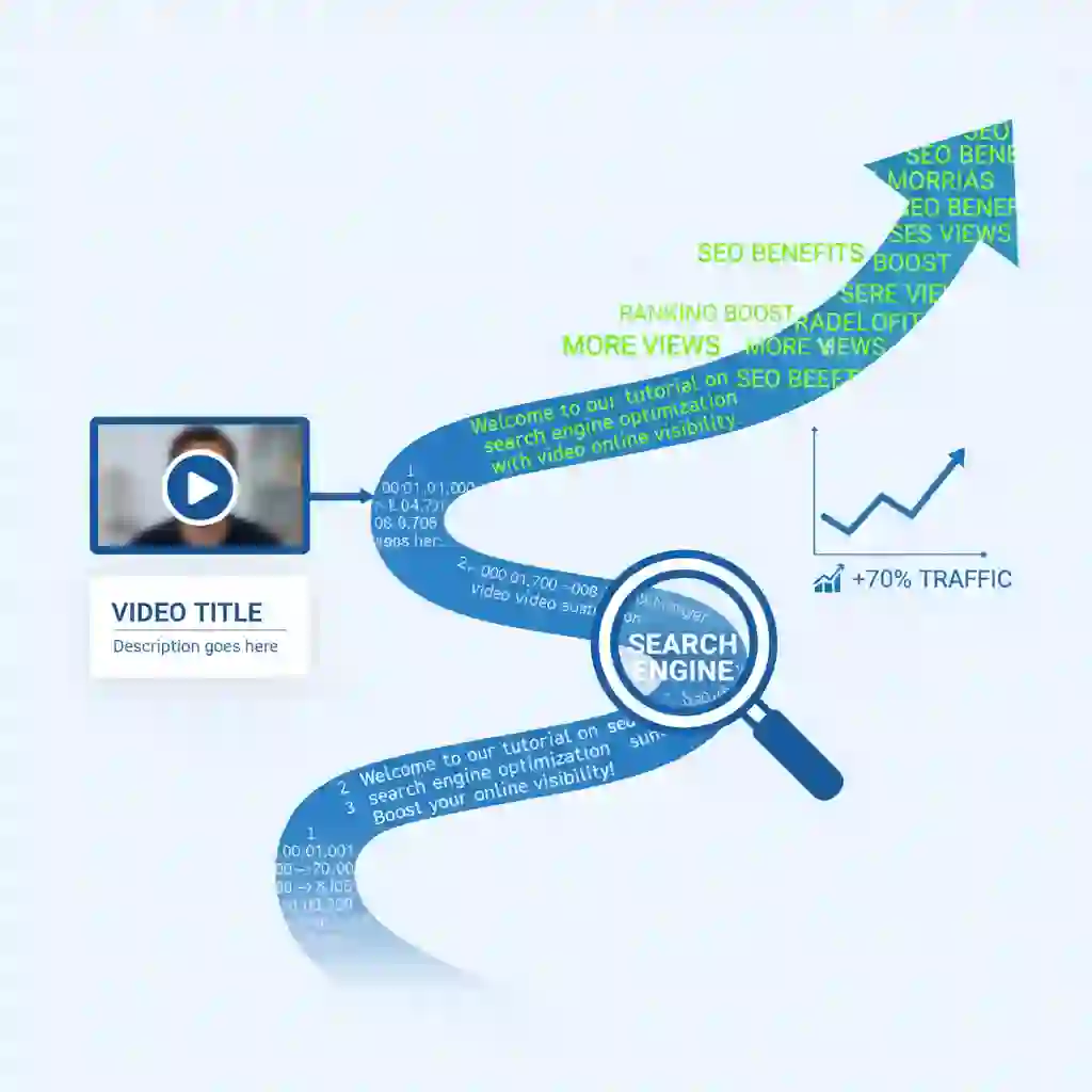 SEO diagram demonstrates how subtitling translation adds crawlable text via subtitle files, increasing discoverability, keyword coverage, and long-tail traffic for videos on search engines and platforms like YouTube.