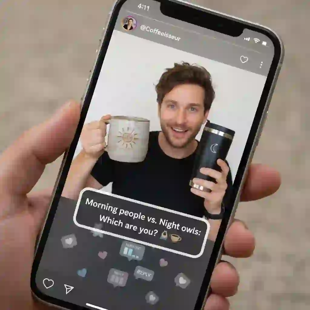 An engaging Instagram Story featuring a question sticker and creative text overlays, showcasing how to add captions to instagram stories to drive viewer interaction and active participation.
