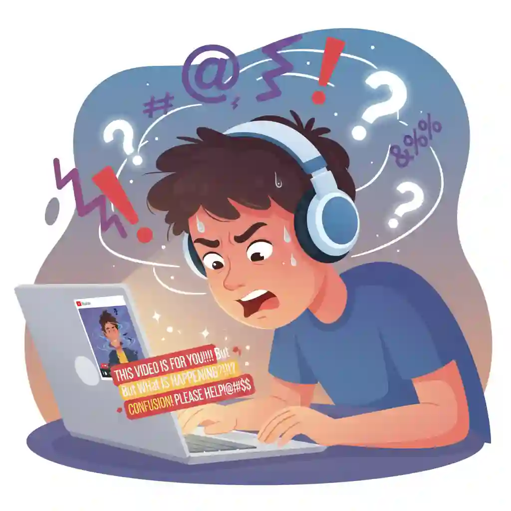 A detailed illustration showing a frustrated viewer attempting to decipher garbled captions, highlighting the common struggle of how to get english subtitles on youtube that are reliable and accurate for a better viewing experience.