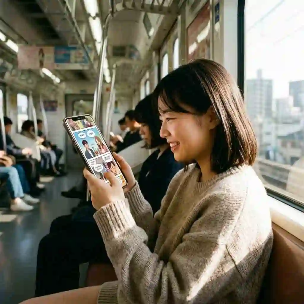A smartphone screen clearly displaying a vertical scrolling Webtoon in a foreign language, providing an accessible and engaging source of authentic reading material for your daily immersion language learning routine.
