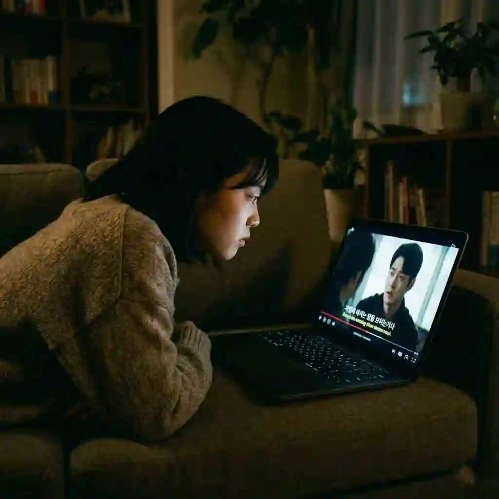 A laptop screen showcasing a Netflix movie with dual subtitles enabled, displaying both target and native languages simultaneously to provide instant context and support your immersion language learning journey.