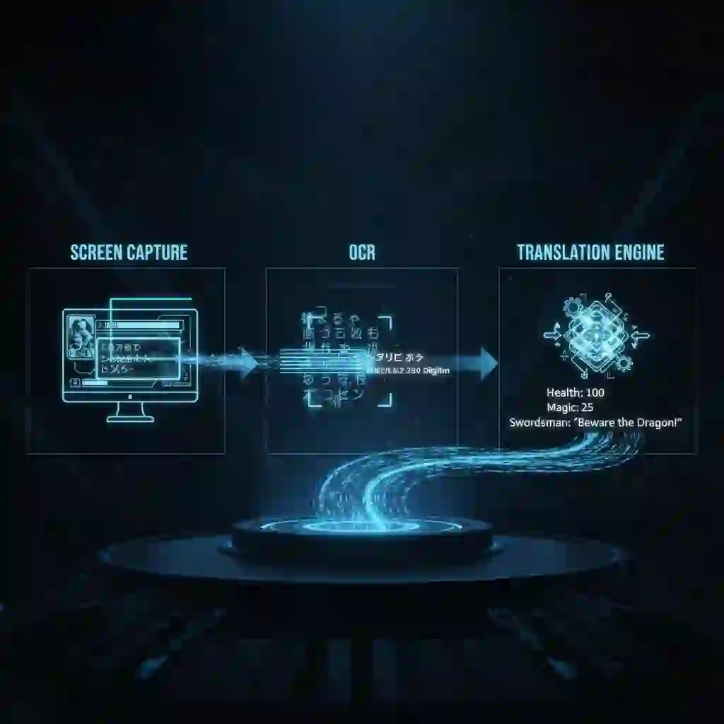 A diagram explaining the technology behind a live screen translator pc, showing the process of screen capture, Optical Character Recognition (OCR) scanning pixels, and machine translation engines converting text in real-time.