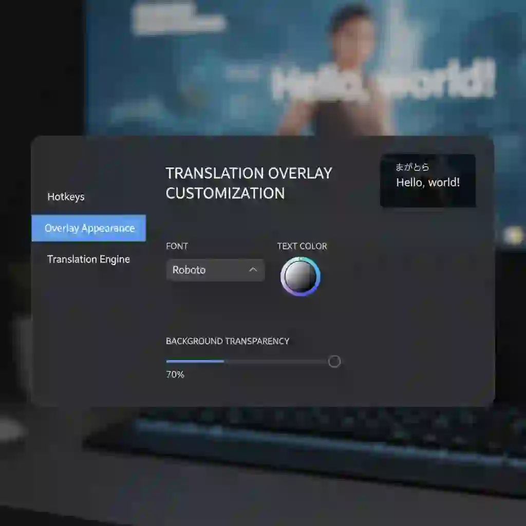 The settings interface of a live screen translator pc application, displaying options for ease of use and customization such as hotkey configuration, translation area selection, and font adjustments for a personalized experience.