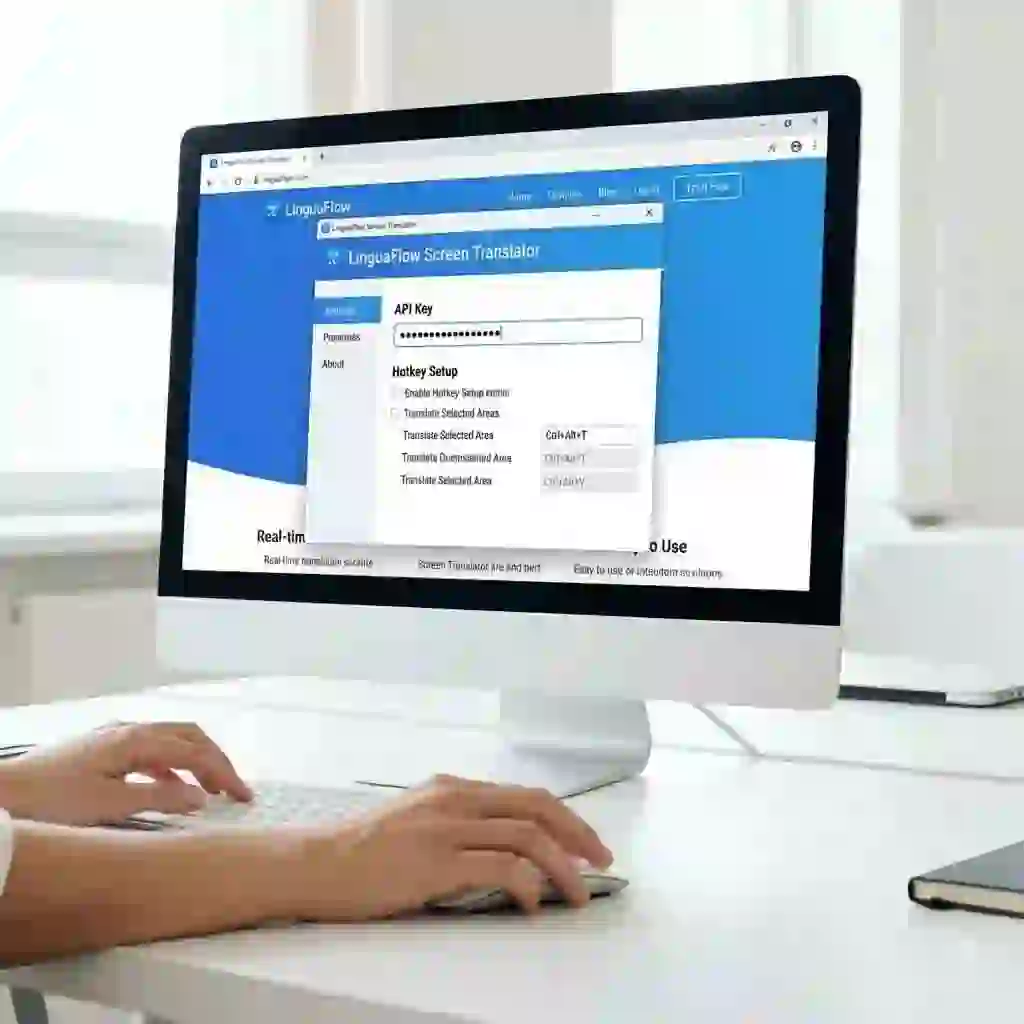 The configuration menu of a live screen translator pc where a user enters API keys for translation services like DeepL and sets up hotkeys for instant translation and overlay visibility control.