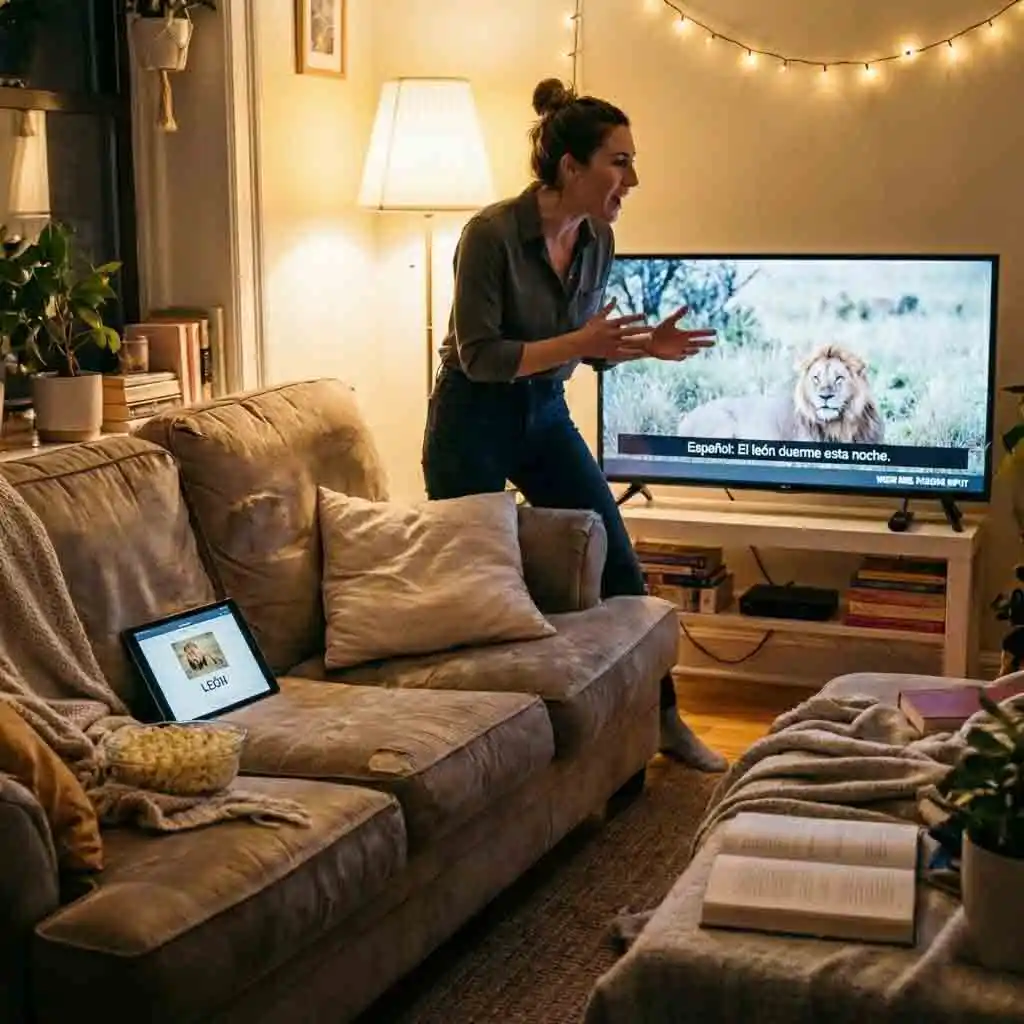 A digital screen showing flashcards and spaced repetition software used for reviewing words learned via netflix double subtitles, ensuring that new vocabulary is consolidated and moved into long-term memory for practical use.