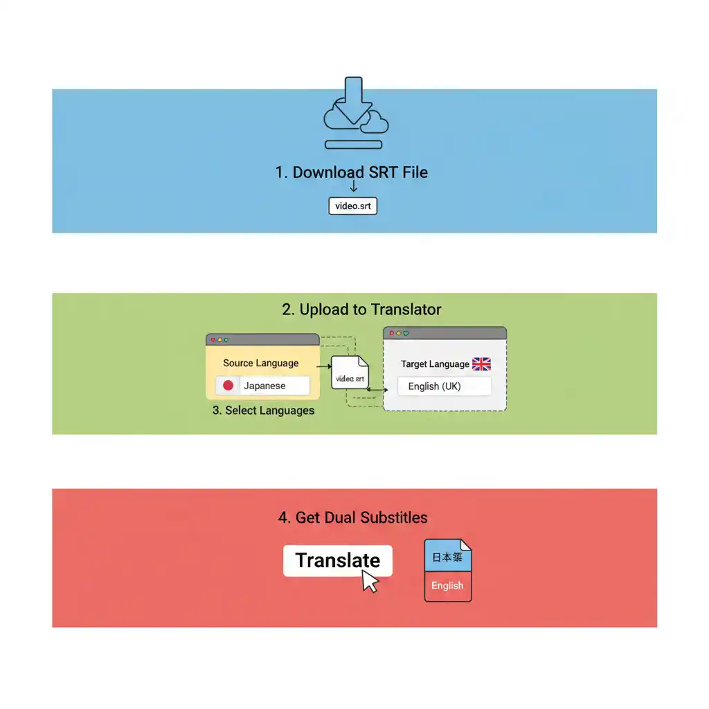 A visual workflow diagram outlining the four simple steps to create custom netflix double subtitles: downloading the original file, uploading to the AI translator, selecting target languages, and generating the final bilingual subtitle file.