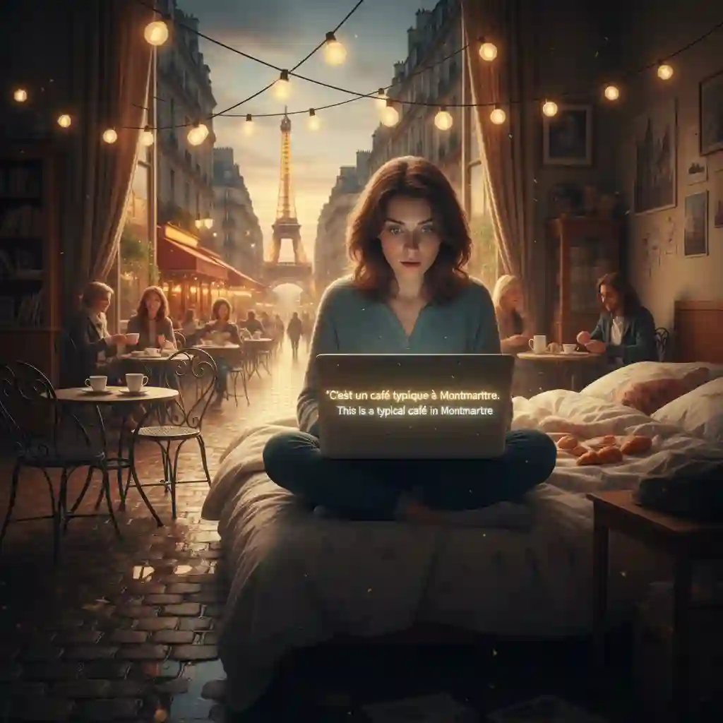 An enthusiastic language learner actively watching a show using netflix double subtitles, demonstrating how immersive entertainment can bridge the gap between native and target languages for a more effective and enjoyable study session.