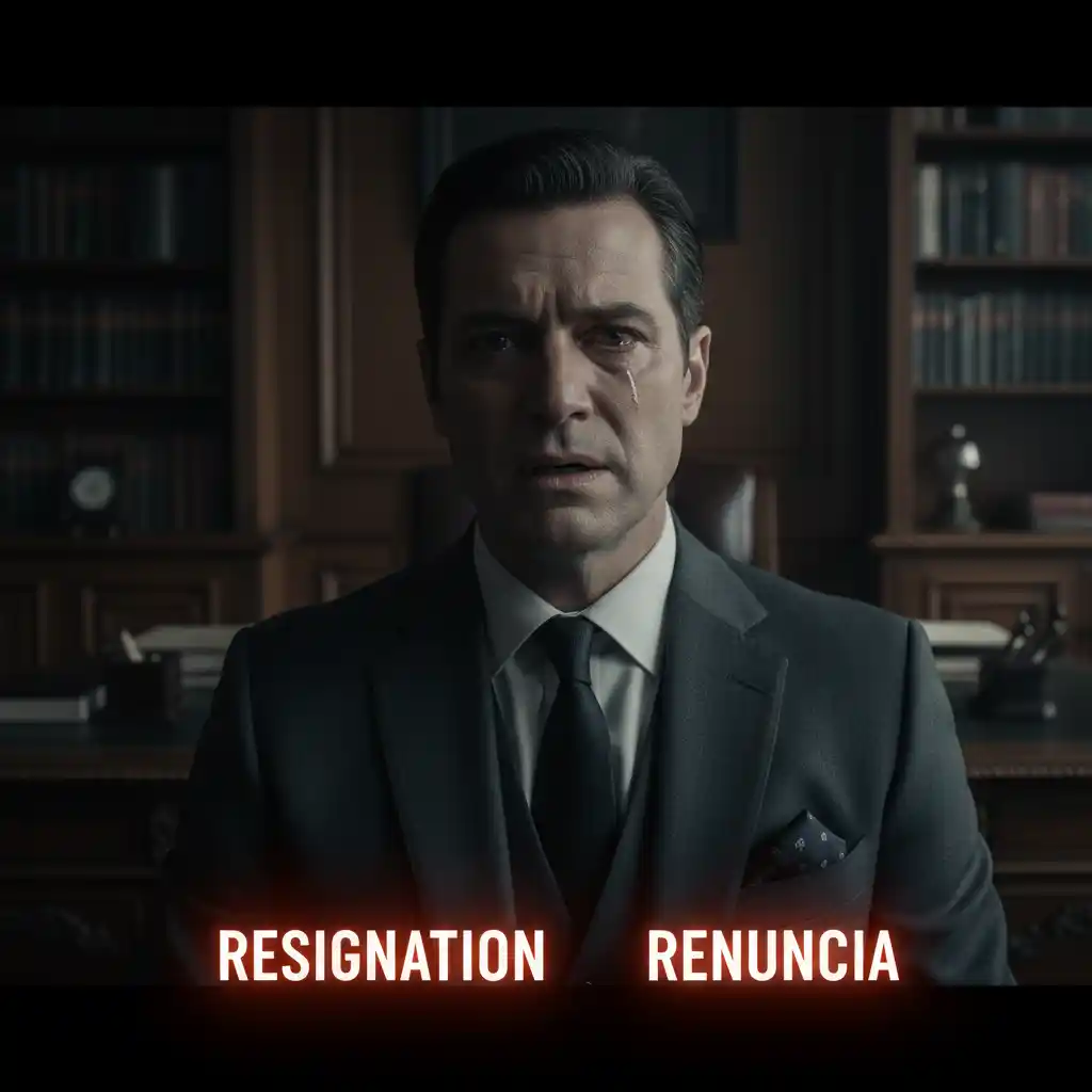 A vivid scene from a TV show like House of Cards, serving as a contextual memory aid where a character uses the word resignation, reinforcing the benefits of learning through the netflix double subtitles method.