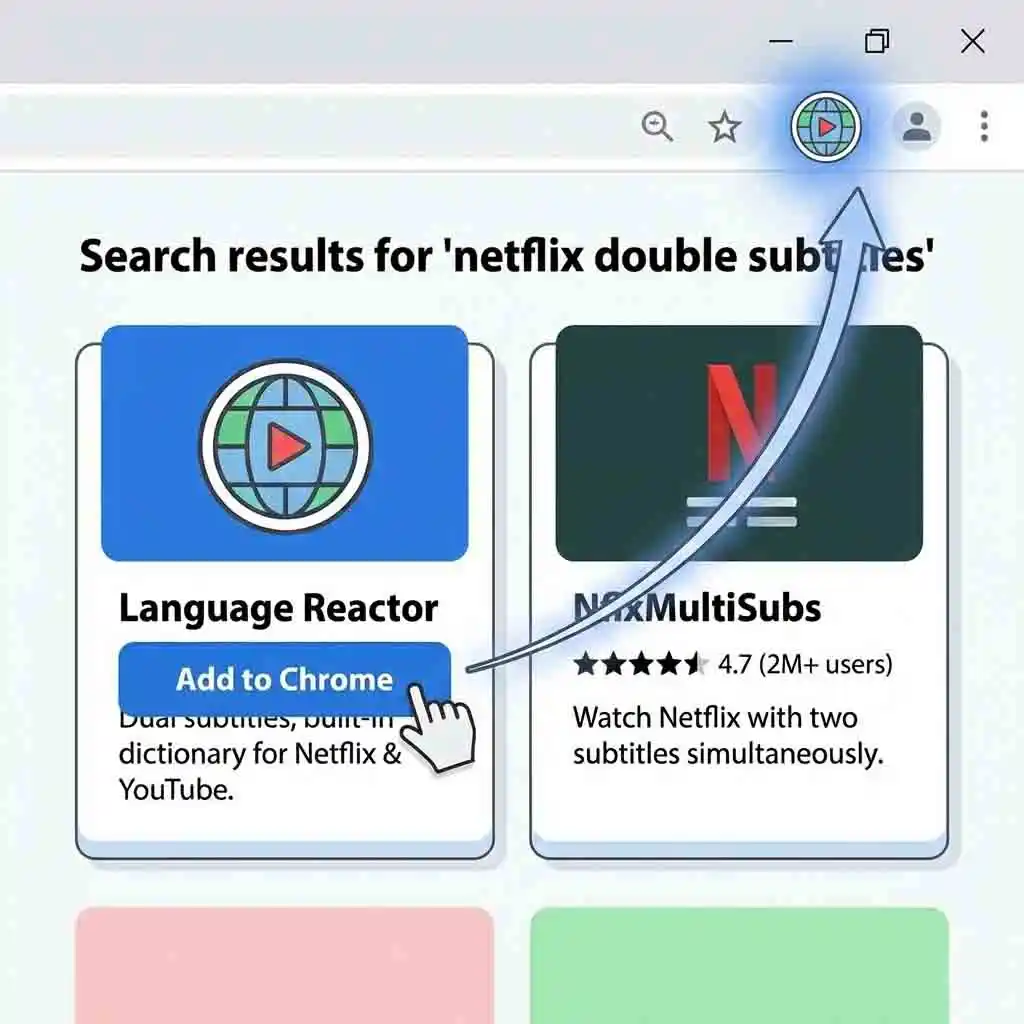 The browser toolbar displaying the successfully installed extension icon, confirming that the tool is active and ready to generate netflix double subtitles for your next language learning session on the streaming platform.