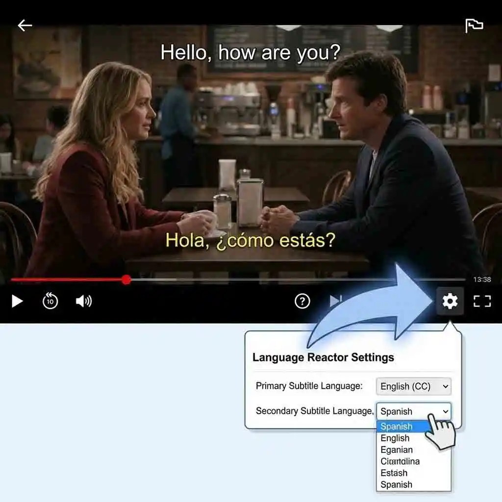 The customized Netflix player interface revealing the specific menu option to select a secondary language, which is the crucial step to activate netflix double subtitles and begin viewing two sets of captions at once.